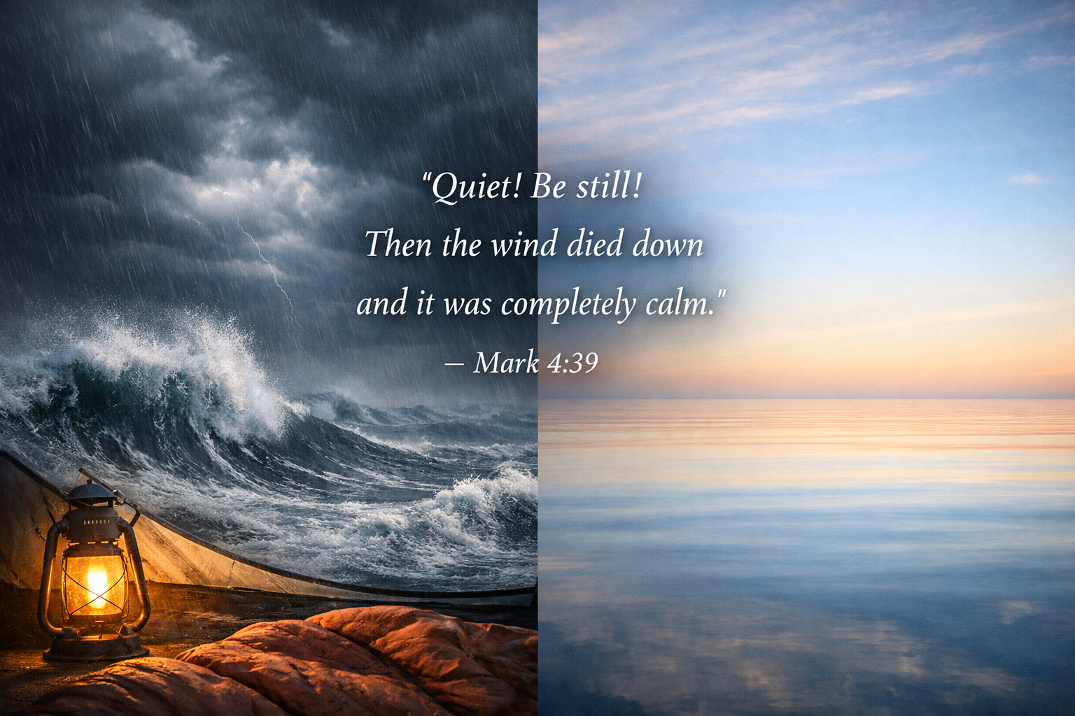Bible verse wallpaper Mark 4:39 with split image showing violent ocean storm on left and perfectly calm water on right
